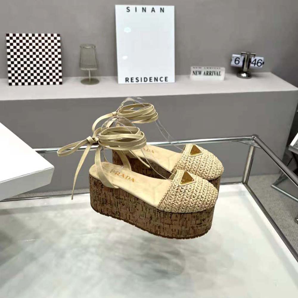 Prada Women Crochet Wedge Sandals with Enameled Metal Triangle Logo-Beige - image 4