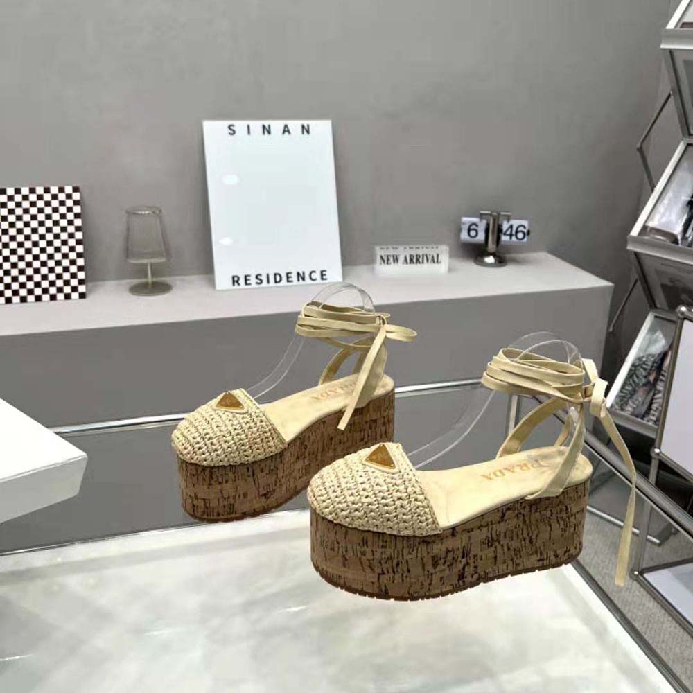Prada Women Crochet Wedge Sandals with Enameled Metal Triangle Logo-Beige - image 5