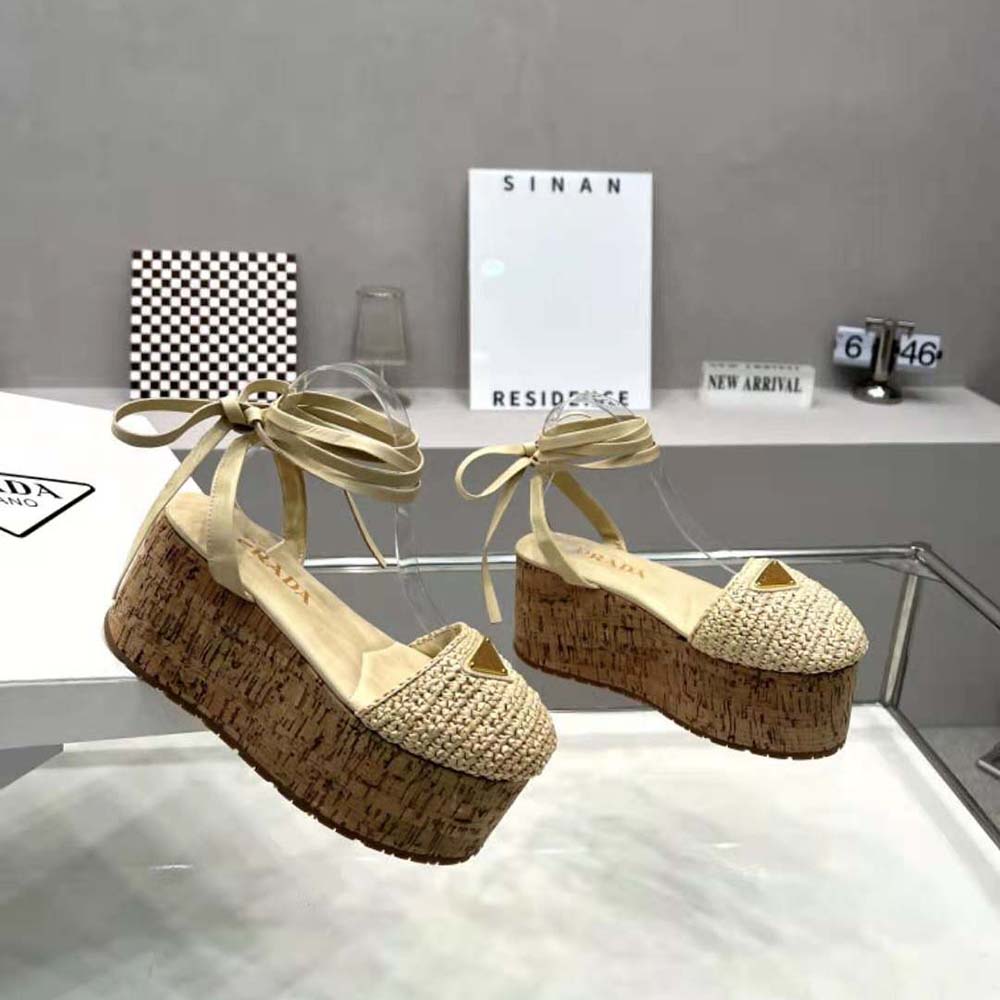 Prada Women Crochet Wedge Sandals with Enameled Metal Triangle Logo-Beige - image 8