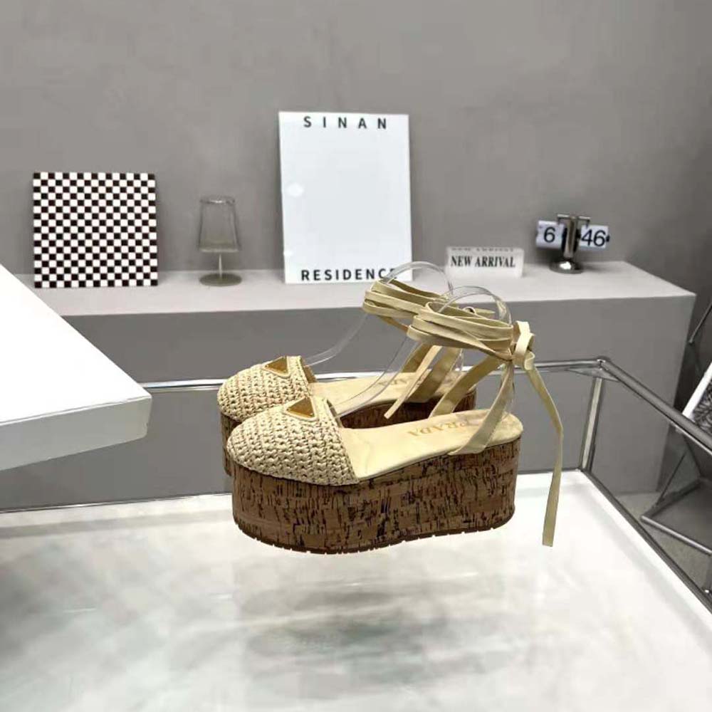 Prada Women Crochet Wedge Sandals with Enameled Metal Triangle Logo-Beige - image 7