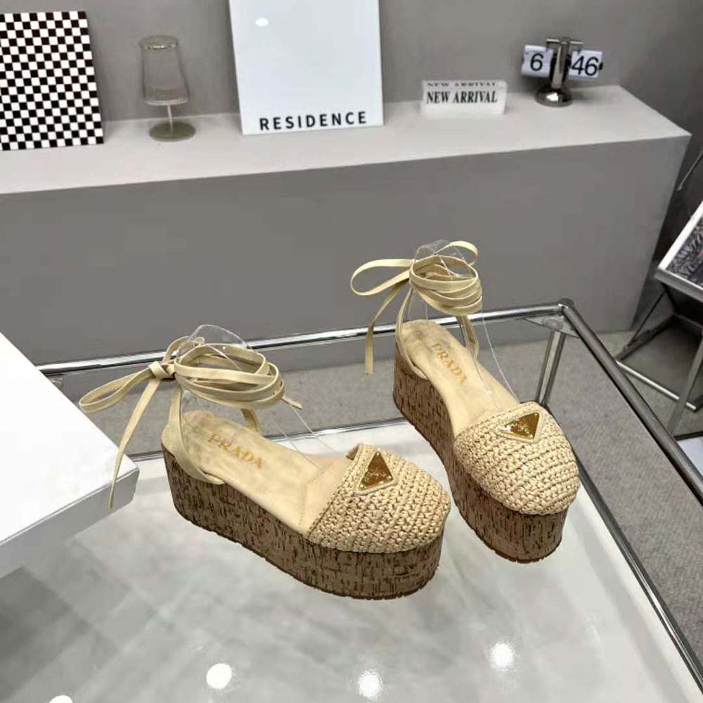 Prada Women Crochet Wedge Sandals with Enameled Metal Triangle Logo-Beige - image 6