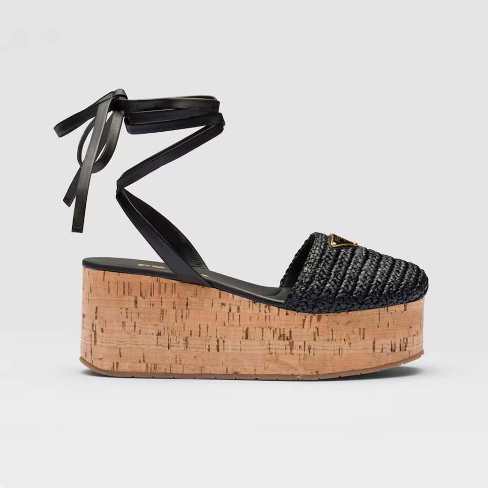 Side profile of Prada Women Crochet Wedge Sandals with black enameled logo