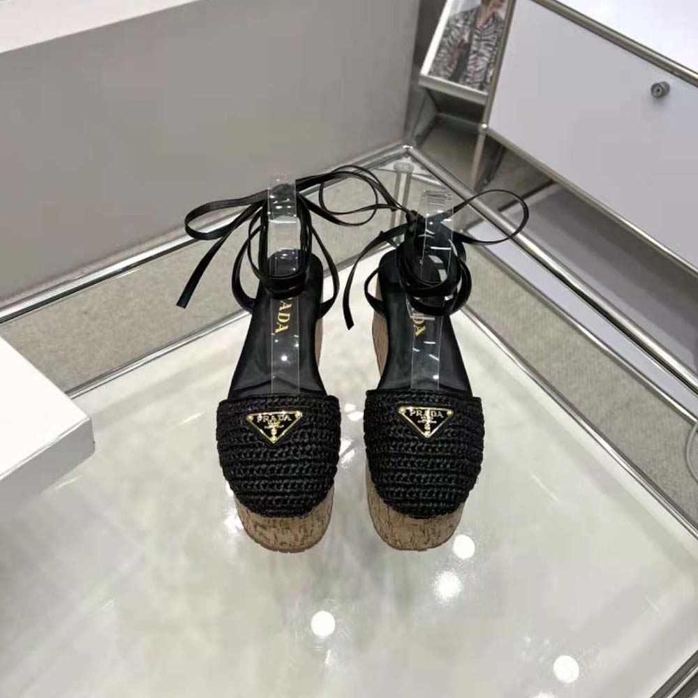 Prada Women Crochet Wedge Sandals with Enameled Metal Triangle Logo-Black - image 4