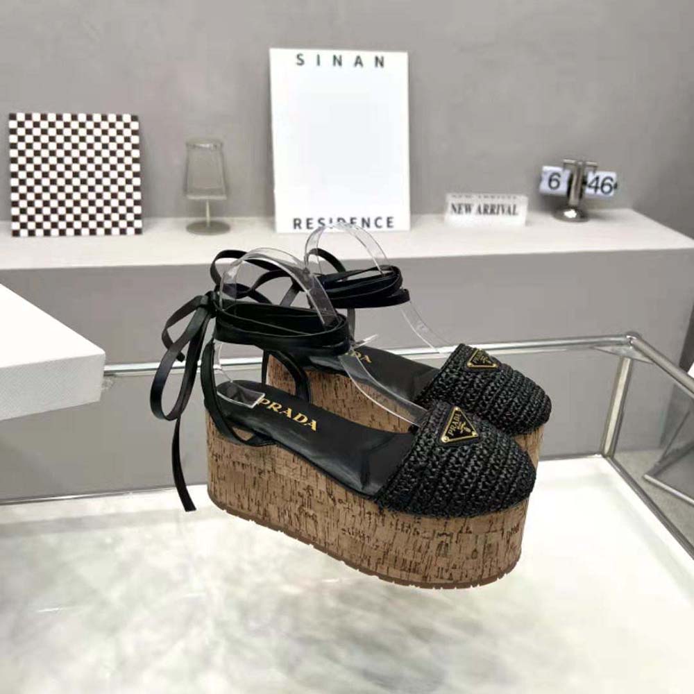 Prada Women Crochet Wedge Sandals with Enameled Metal Triangle Logo-Black - image 9