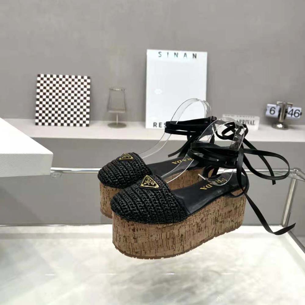 Prada Women Crochet Wedge Sandals with Enameled Metal Triangle Logo-Black - image 8