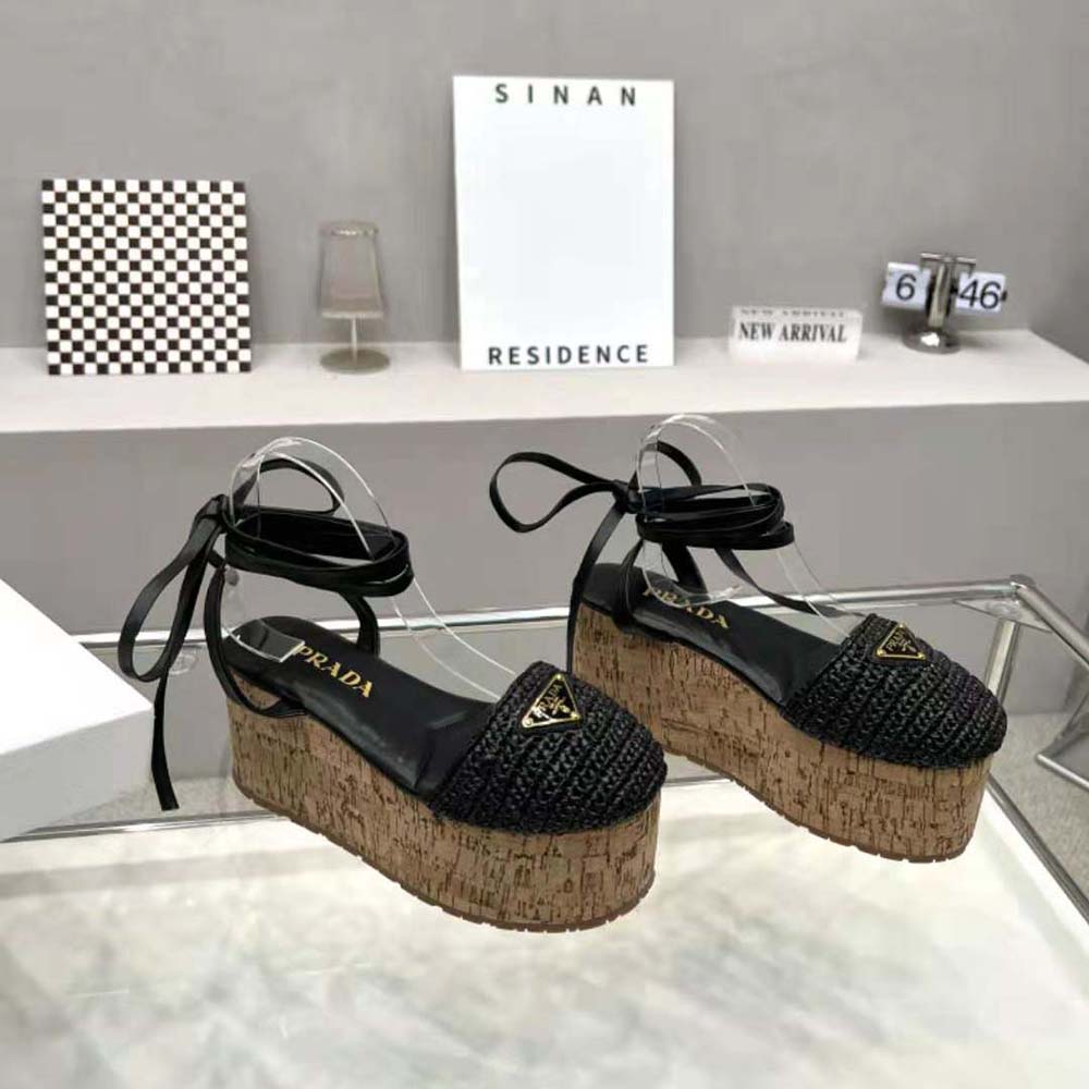 Prada Women Crochet Wedge Sandals with Enameled Metal Triangle Logo-Black - image 7