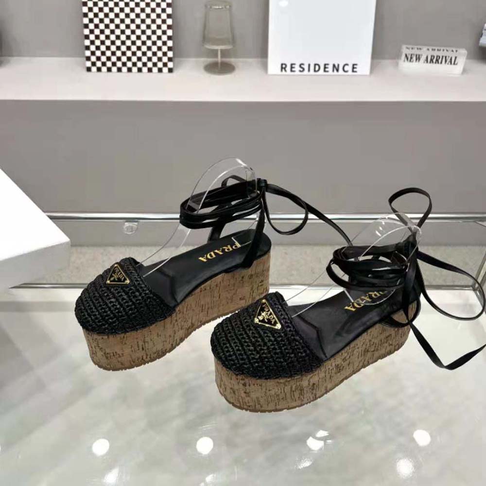Prada Women Crochet Wedge Sandals with Enameled Metal Triangle Logo-Black - image 6