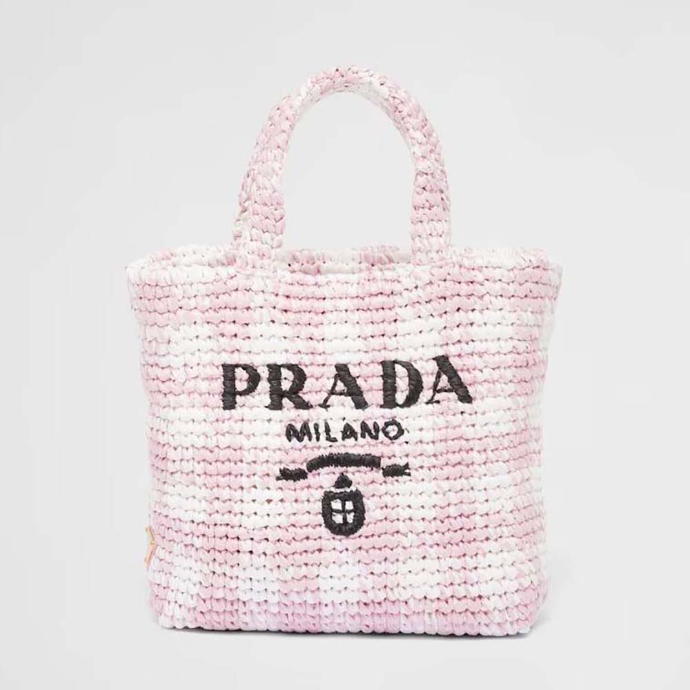 Front angle view of Prada Women Small Crochet Tote Bag with Embroidered Lettering Logo-Pink