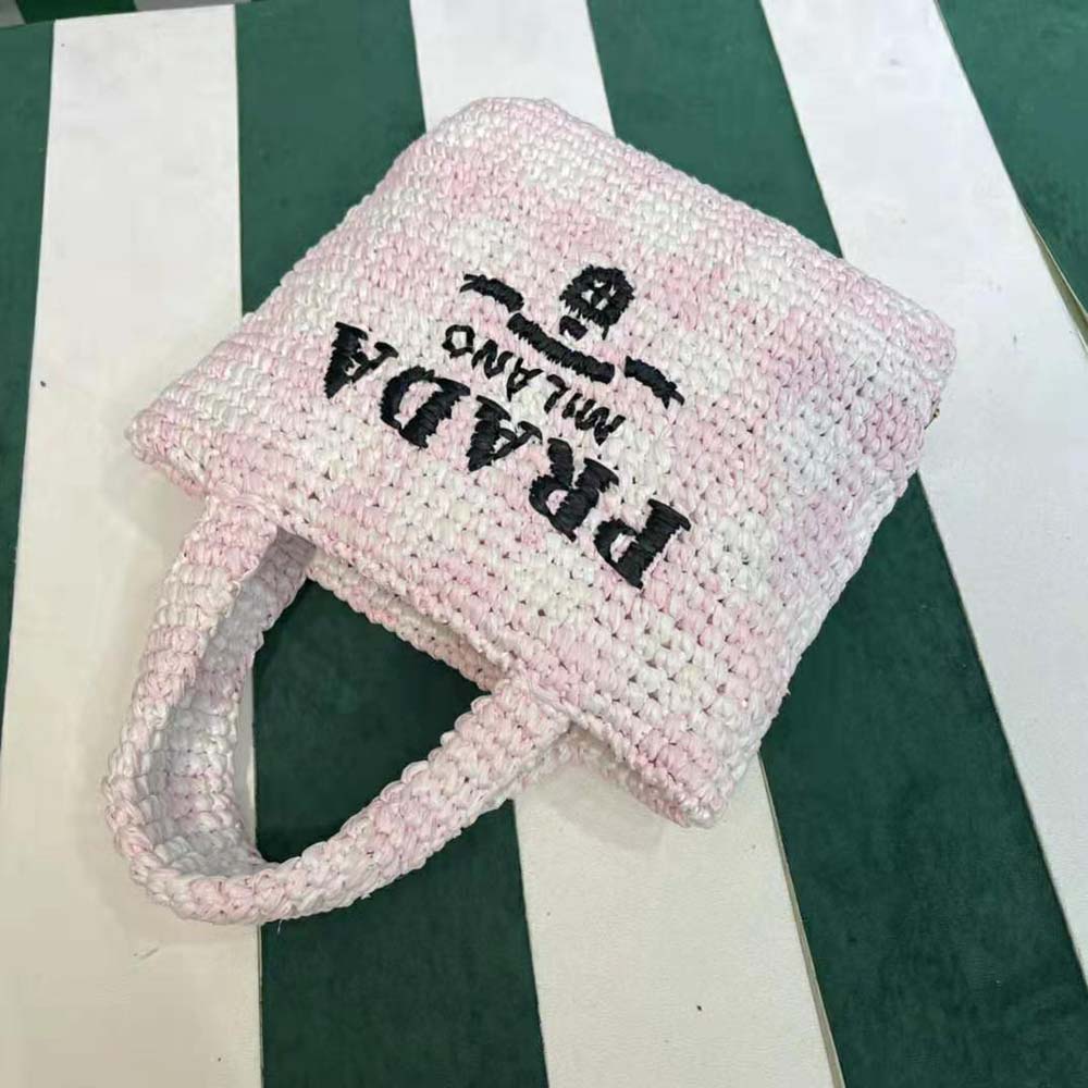 Prada Women Small Crochet Tote Bag with Embroidered Lettering Logo-Pink - image 4