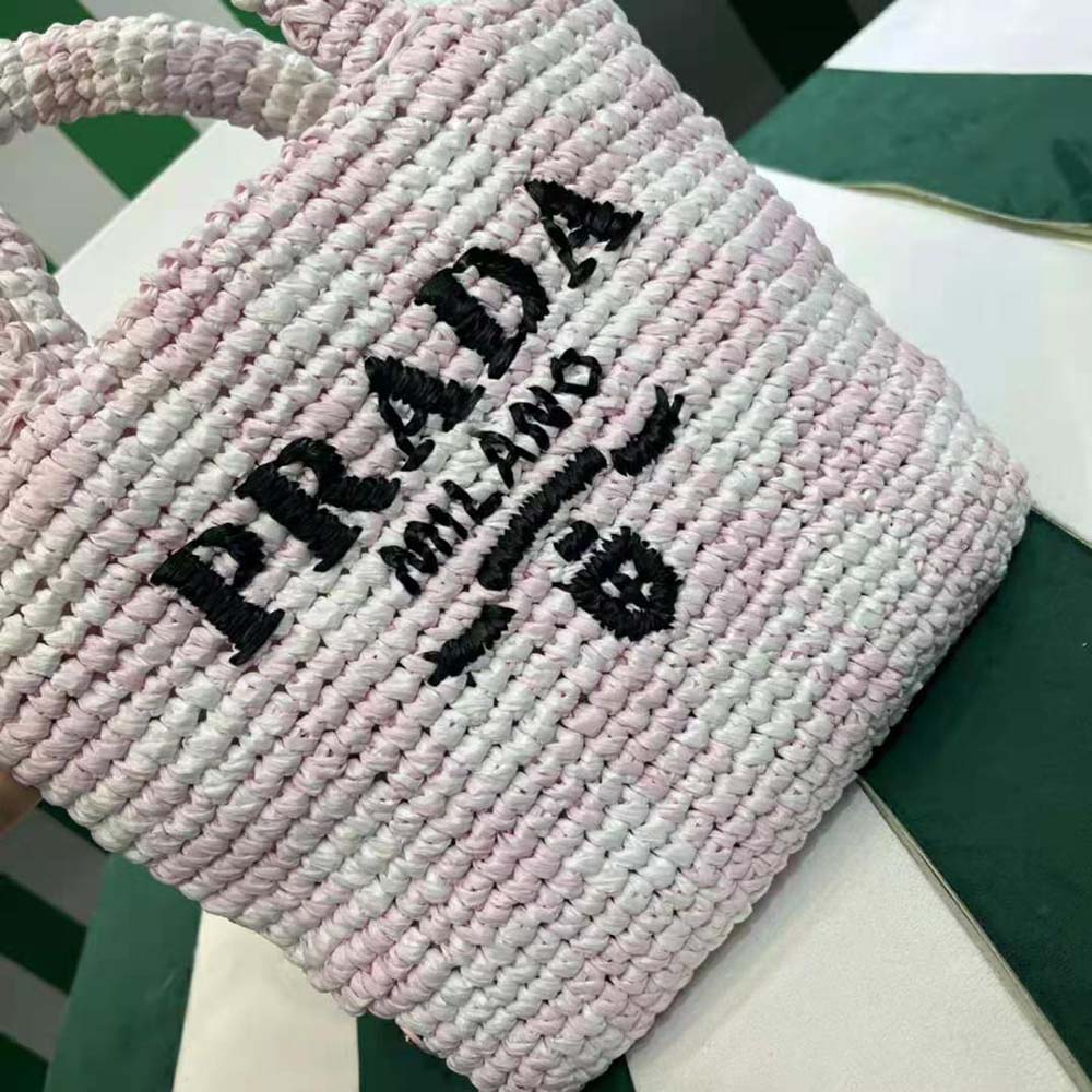 Prada Women Small Crochet Tote Bag with Embroidered Lettering Logo-Pink - image 6