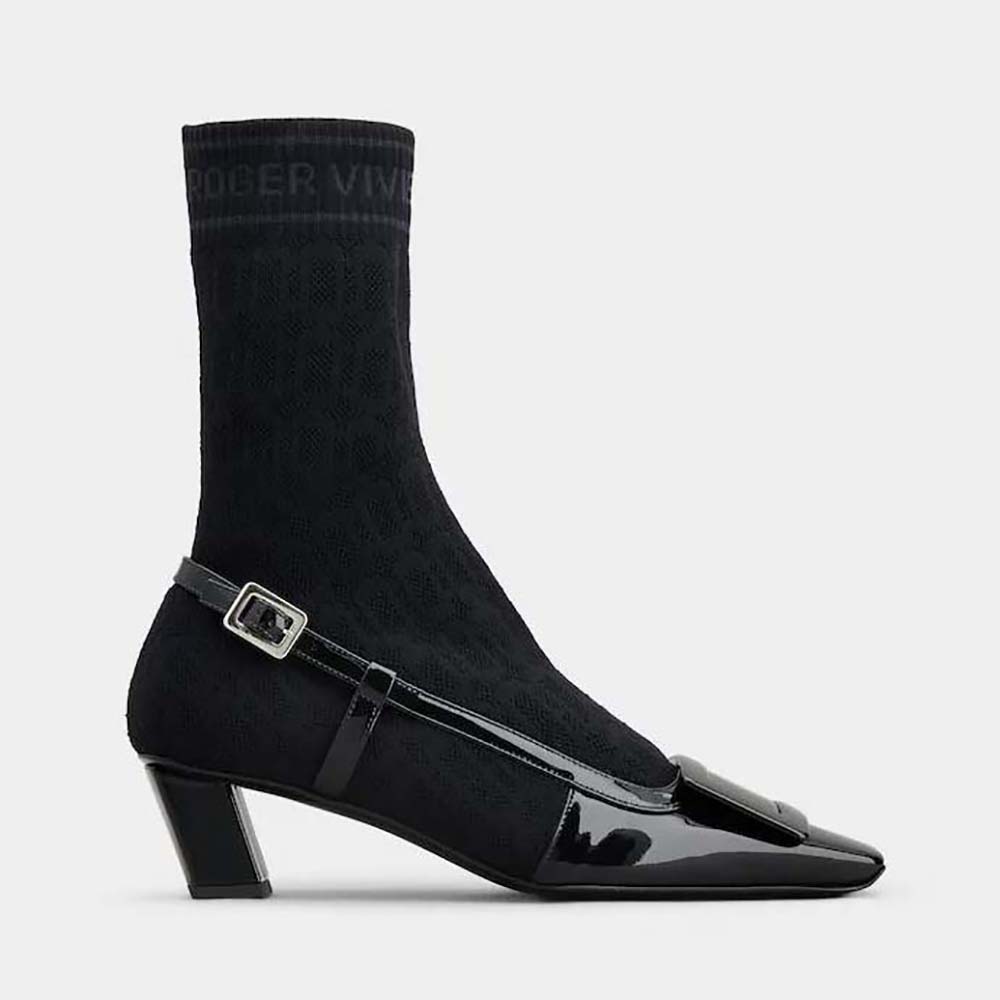 Side profile of Roger Vivier Women Belle Vivier Sock Lacquered Buckle Ankle Boots in black patent leather