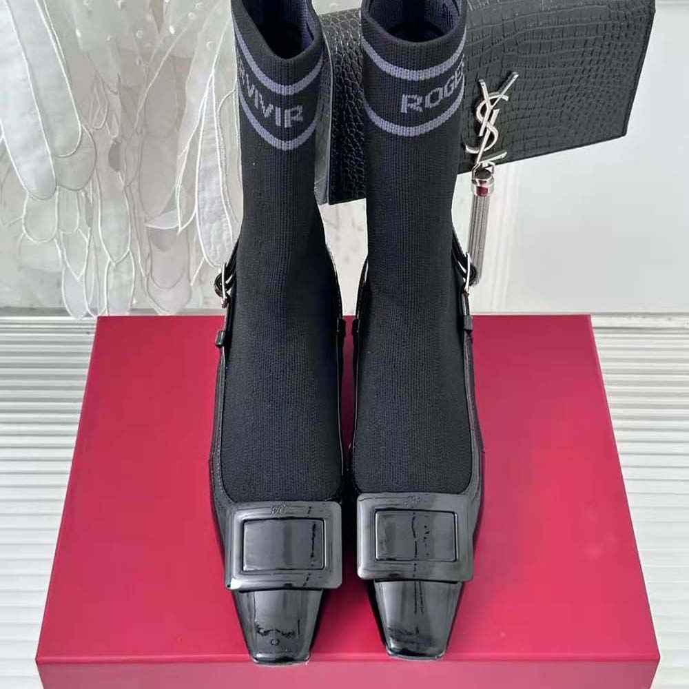Close-up of lacquered buckle detail on Roger Vivier Women Belle Vivier Sock Lacquered Buckle Ankle Boots