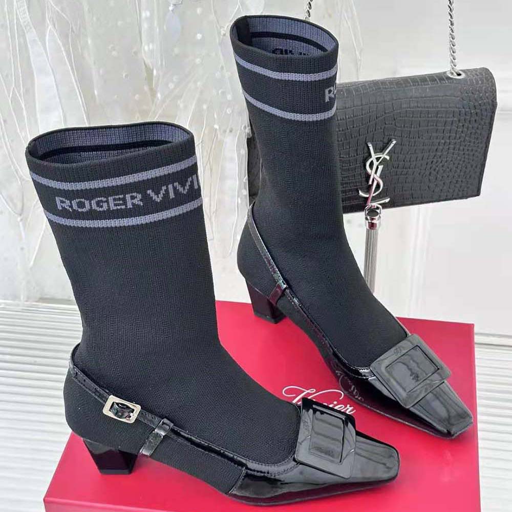 Rear view showcasing sock-style ankle fit of Roger Vivier Women Belle Vivier Sock Lacquered Buckle Ankle Boots