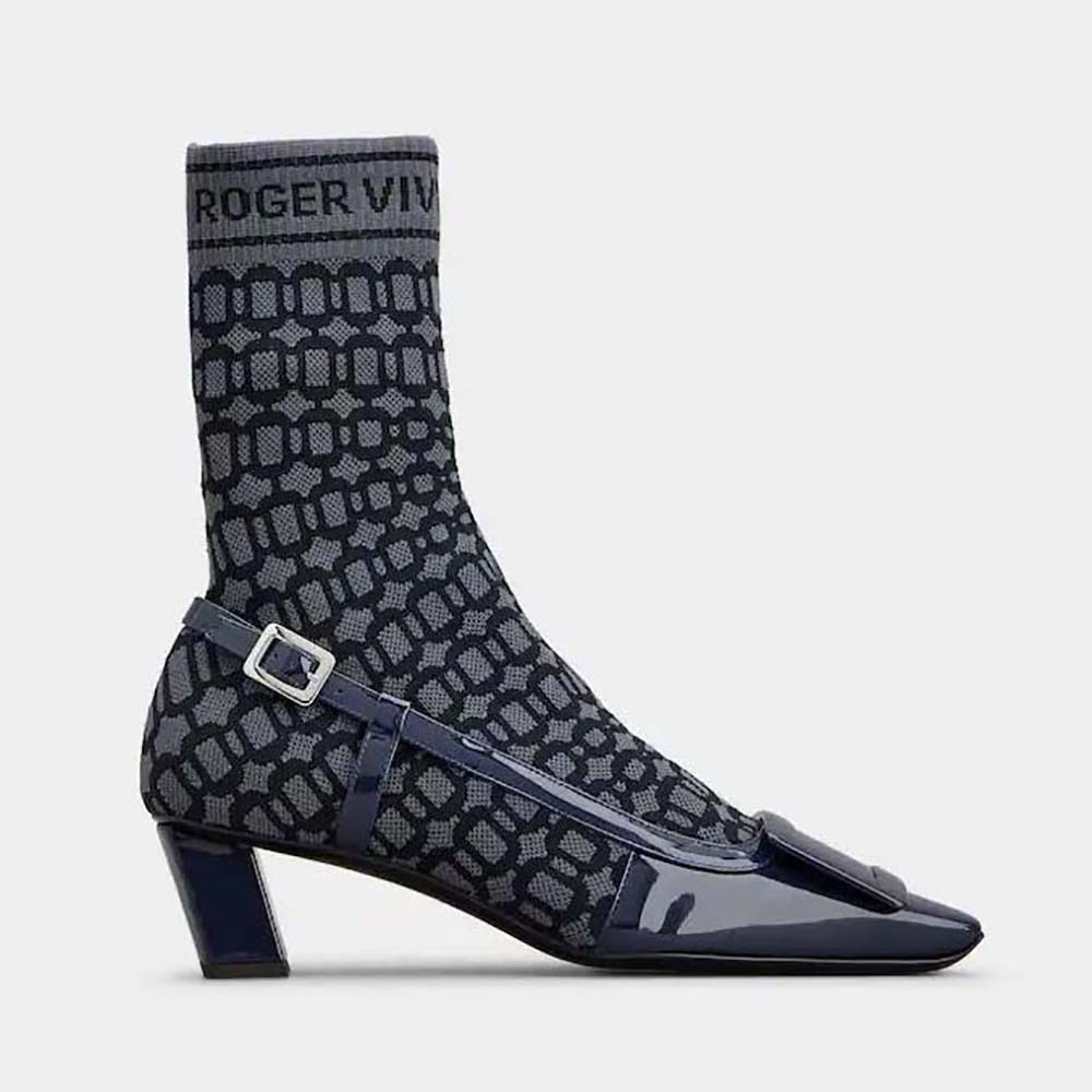 Side view of Roger Vivier Women Belle Vivier Sock Lacquered Buckle Ankle Boots Blue
