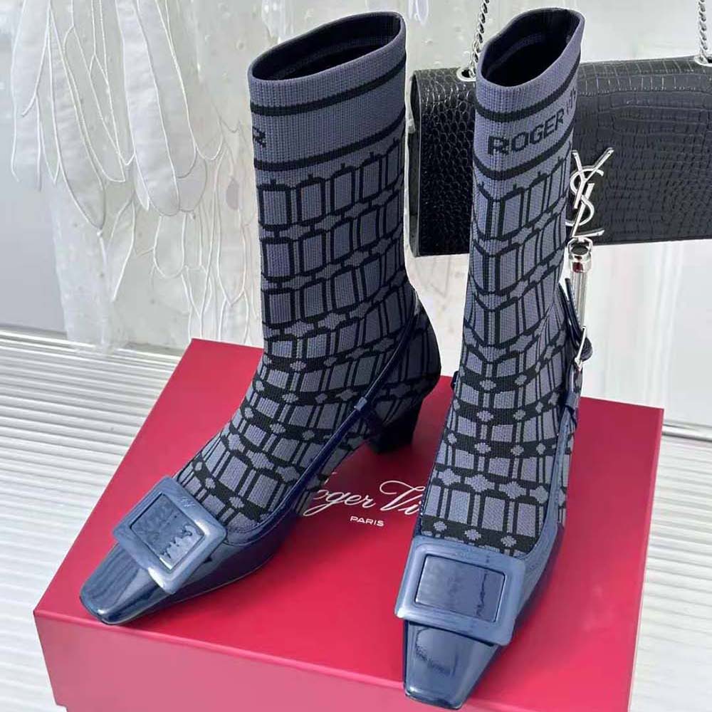 Roger Vivier Women Belle Vivier Sock Lacquered Buckle Ankle Boots in Patent Leather-Blue - image 5