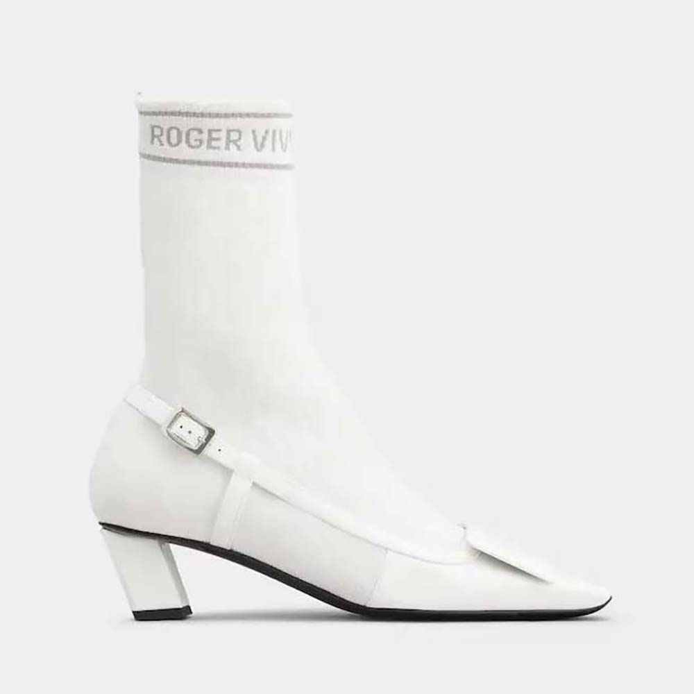 Side view of Roger Vivier Women Belle Vivier Sock Lacquered Buckle Ankle Boots in Patent Leather-White