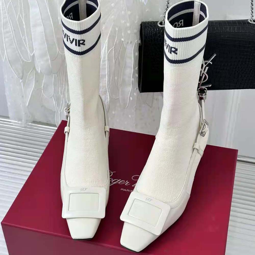 Top view highlighting sock-style upper on Roger Vivier Belle Vivier White Patent Boots