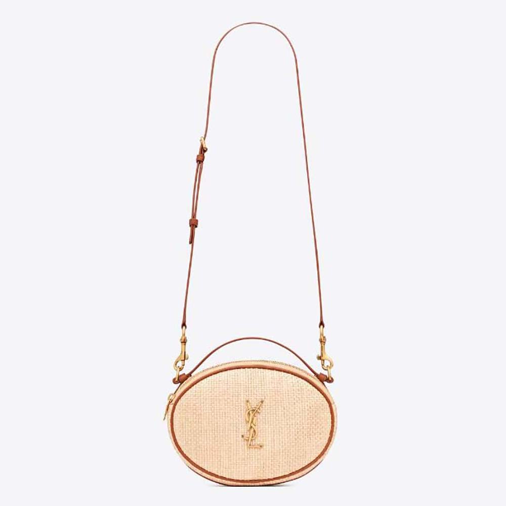 Front view of Saint Laurent YSL Women Camera Bag in beige raffia and leather