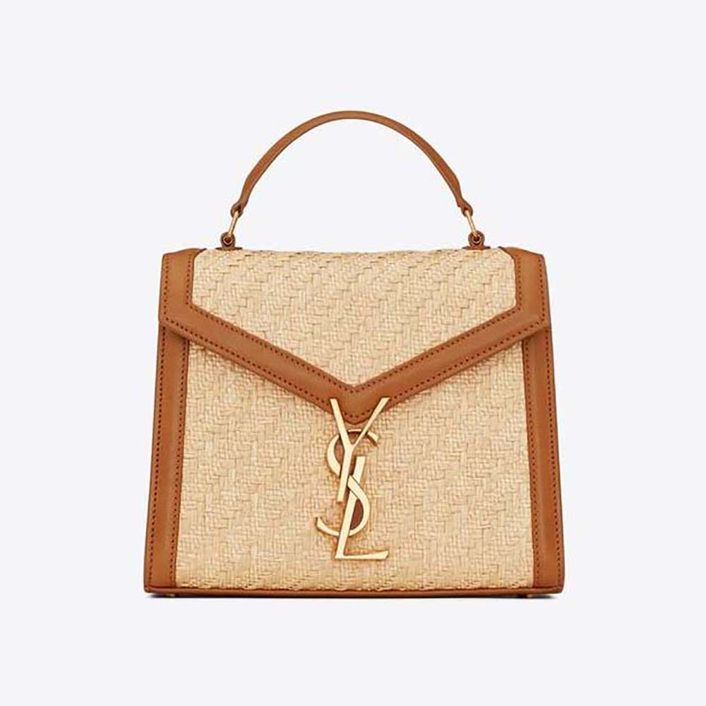 Saint Laurent YSL Women Cassandra Mini Top Handle Bag in Raffia and Vegetable-tanned Leather