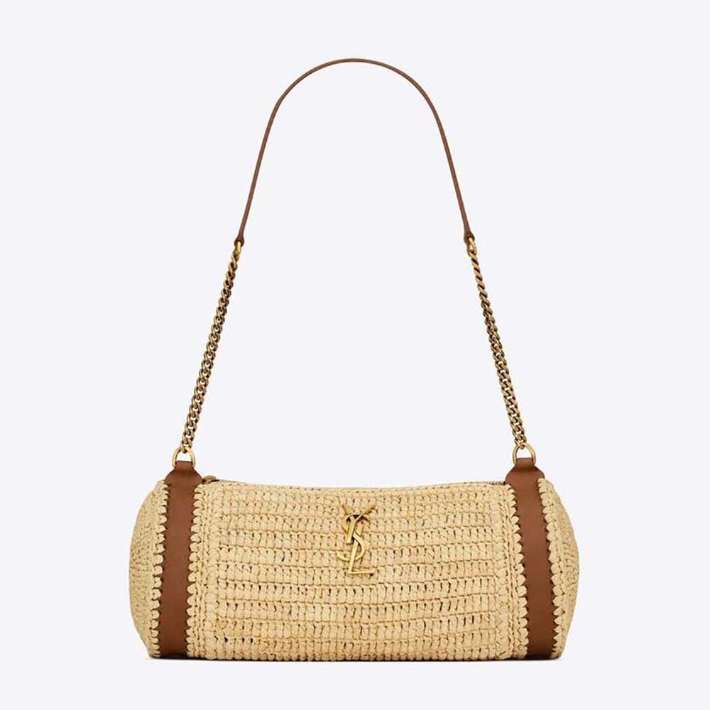 Front view of Saint Laurent YSL Women Cassandre Small Cylindric Bag in natural raffia
