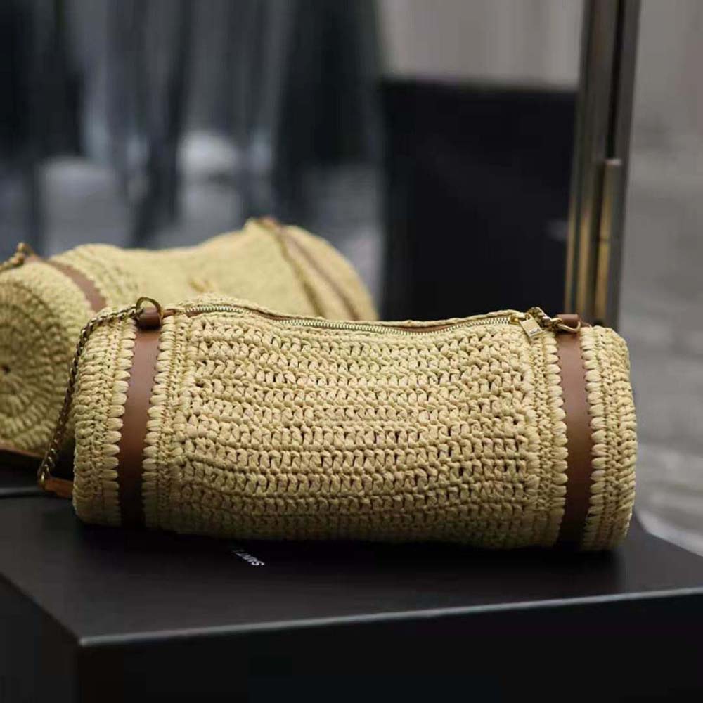Side angle showing vegetable-tanned leather trim on Saint Laurent YSL Cassandre bag