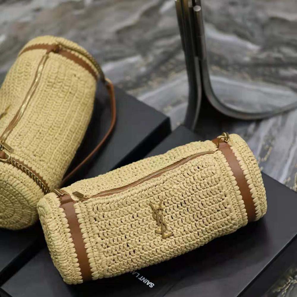 Saint Laurent YSL Women Cassandre Small Cylindric Bag in Raffia and Vegetable-tanned Leather - image 4