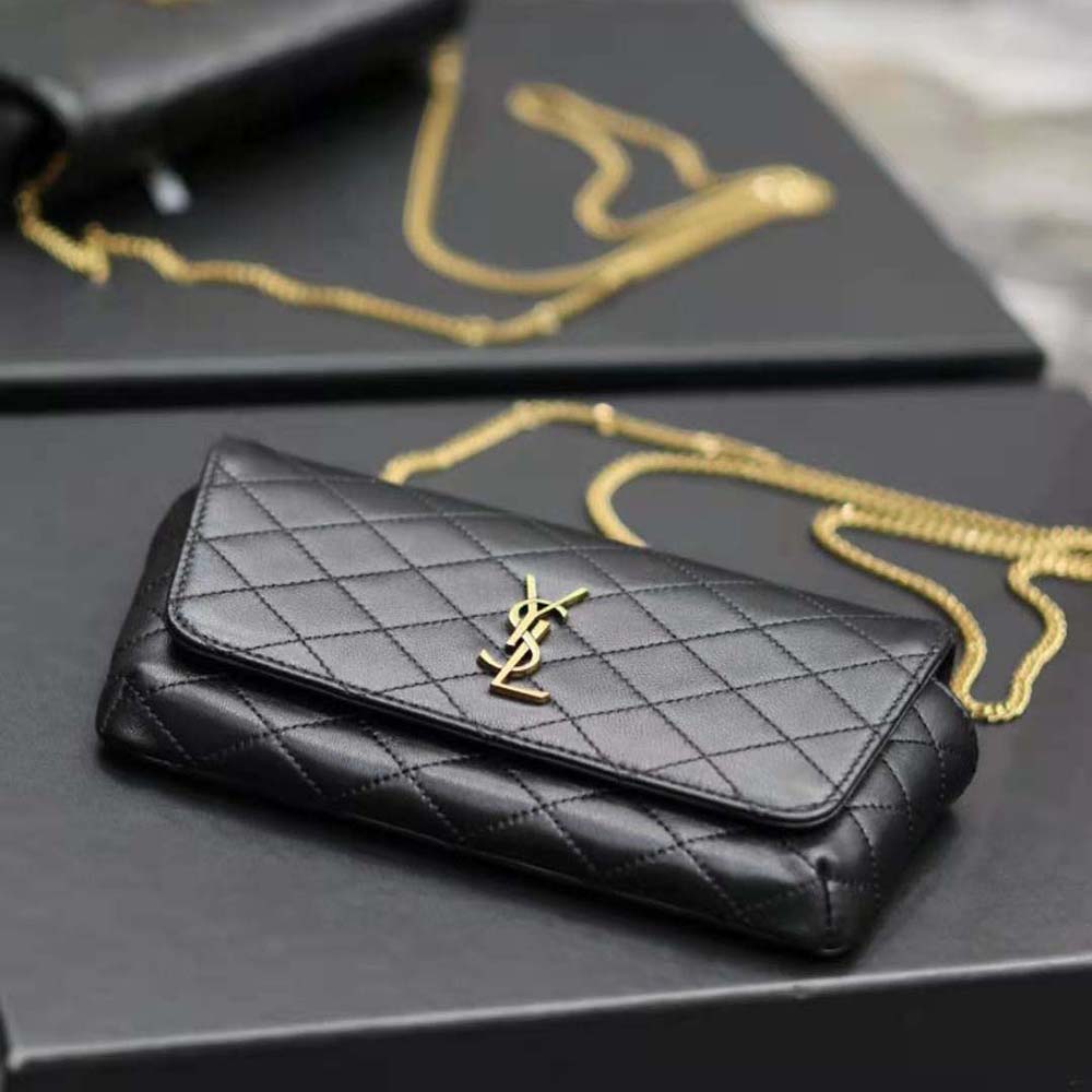 Side angle showing compact silhouette of Saint Laurent YSL Women Gaby Phone Holder