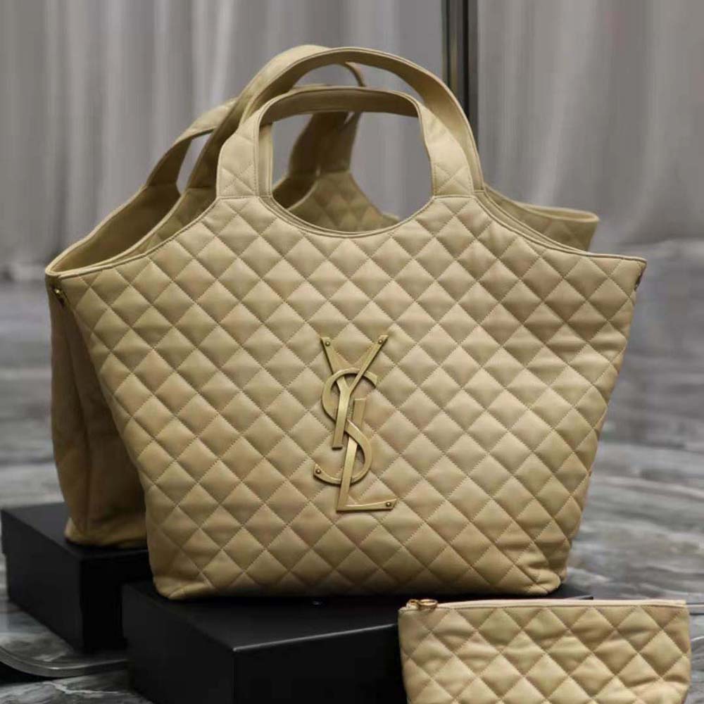 Close-up of quilted nubuck suede and YSL logo hardware detail