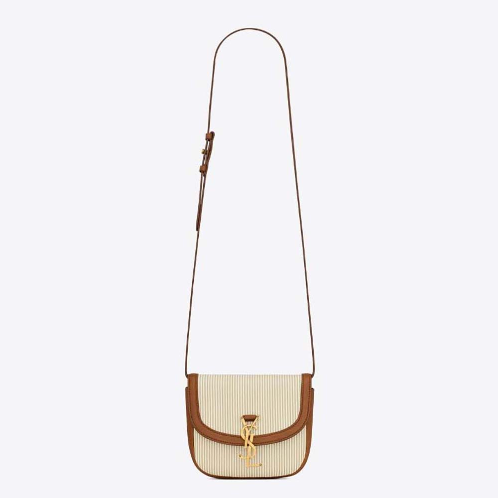 Front view of Saint Laurent YSL Women Kaia Small in beige canvas and leather