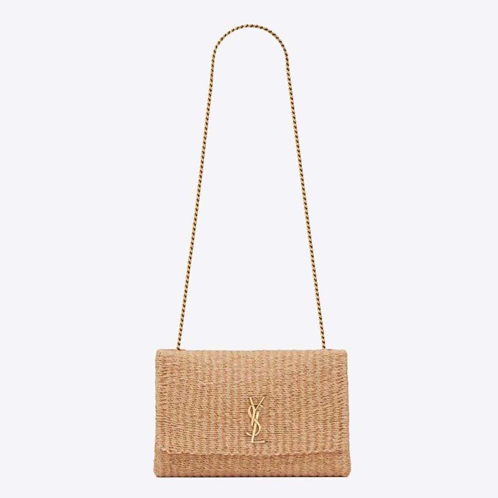 Front view of Saint Laurent YSL Women Kate Medium Supple Chain Bag in Raffia-Natural