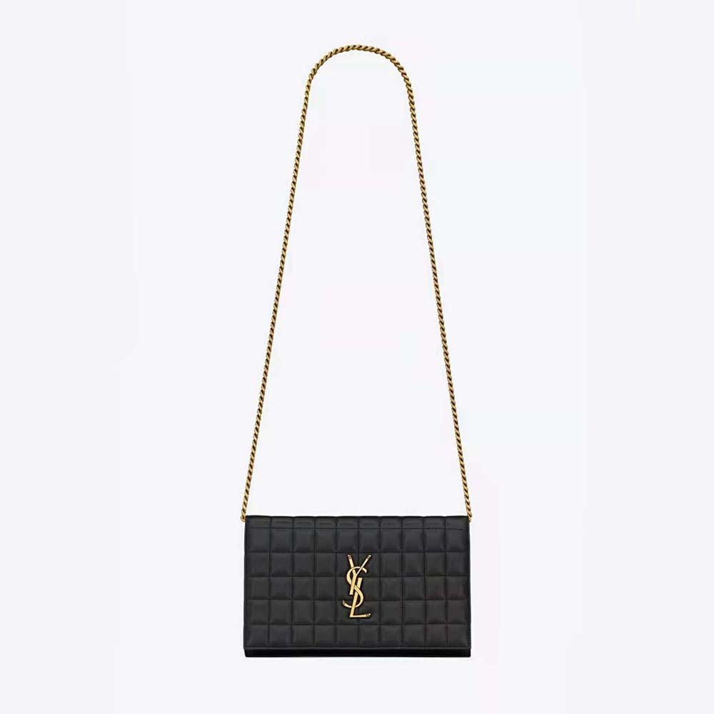 Front view of Saint Laurent YSL Women Le Maillon Quilted Shiny Leather-Black bag
