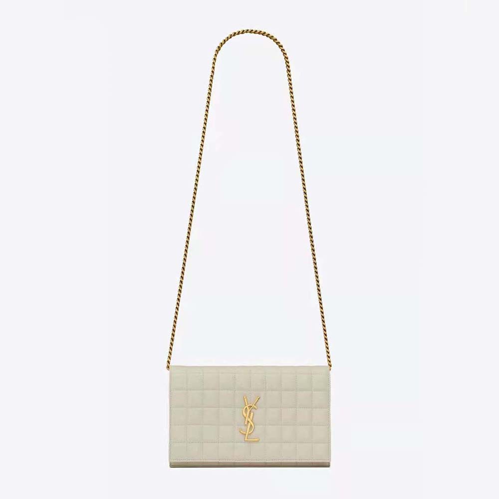 Front angle of Saint Laurent YSL Women Le Maillon shiny white leather bag