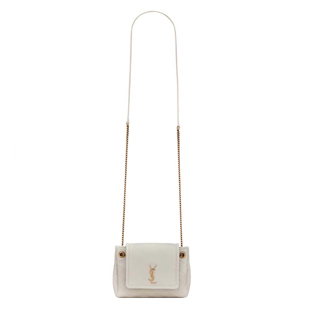Front view of Saint Laurent YSL Women Monogram Mini Nolita in Lame Leather-White