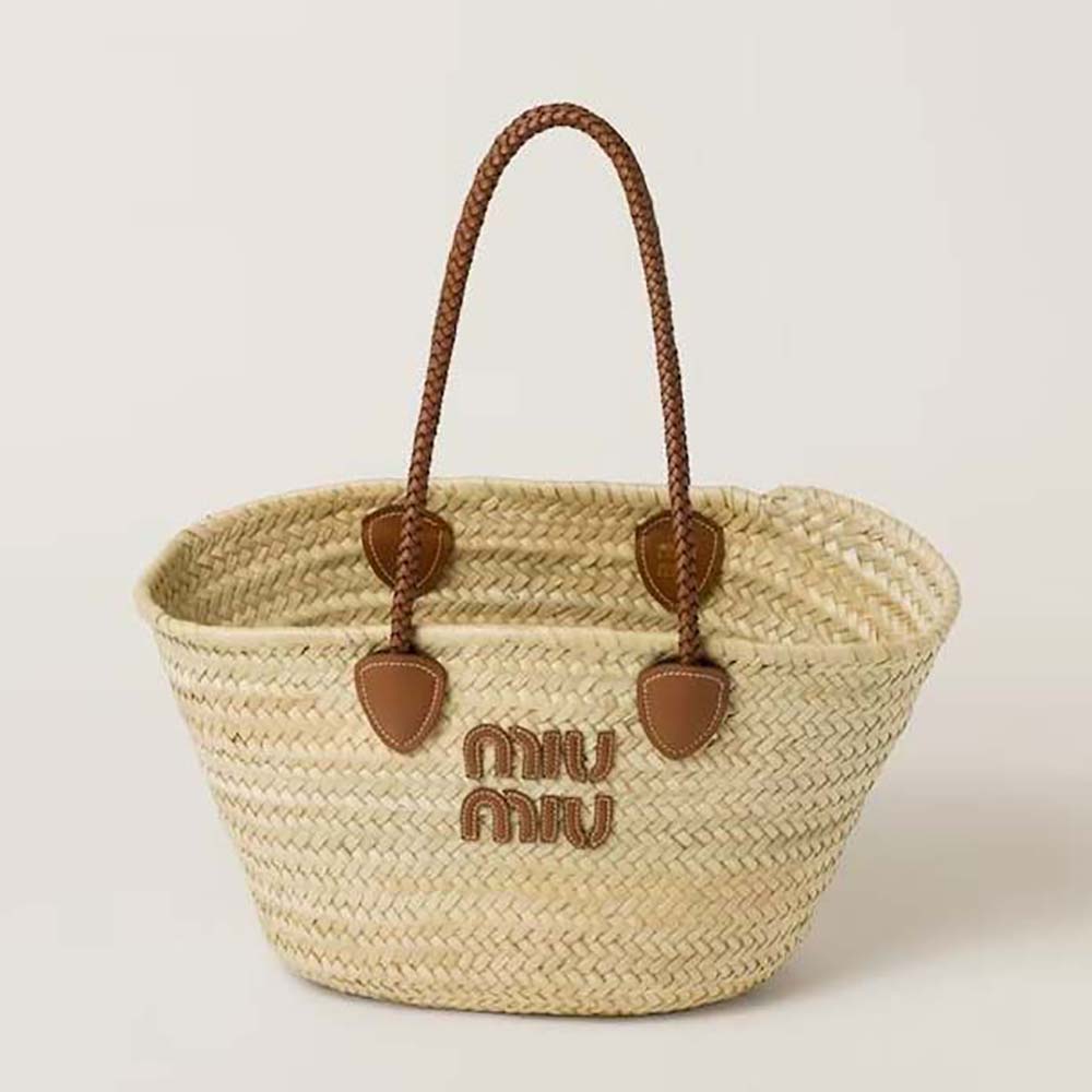 Front view of Miu Miu Women Palmetto Tote Bag in beige leather