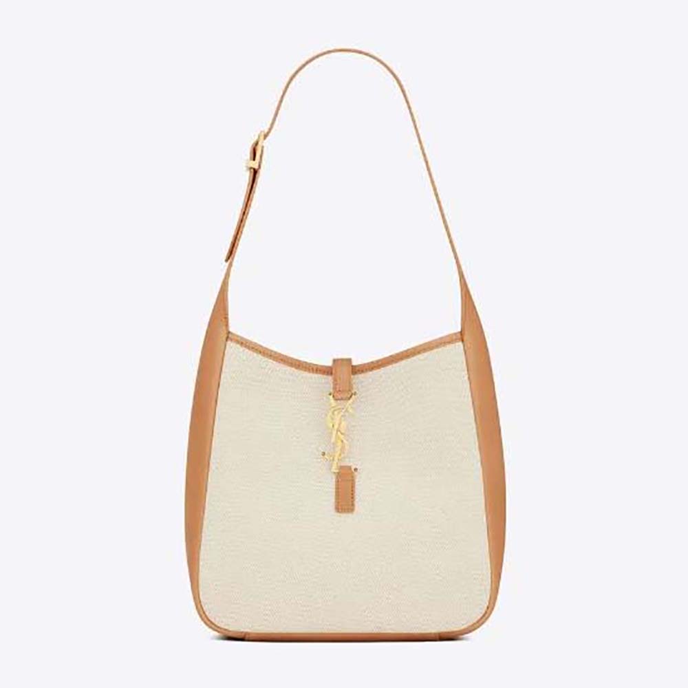 Front view of Saint Laurent YSL Women Small Le 5 à 7 Supple beige canvas bag