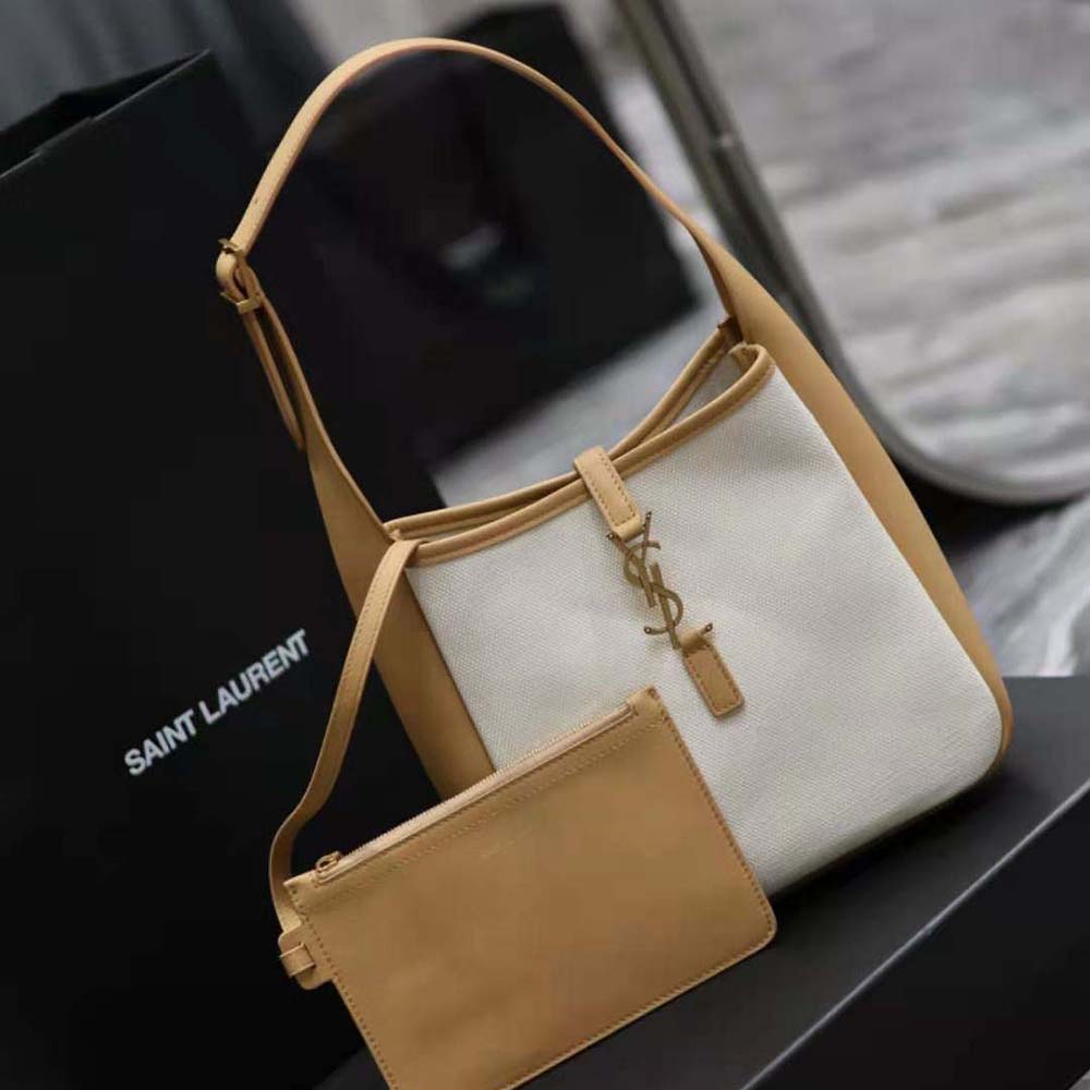 Side angle showing compact silhouette of Saint Laurent YSL Small Le 5 à 7 bag