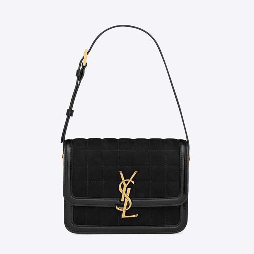 Front view of Saint Laurent YSL Women Solferino Small Satchel in black nubuck suede