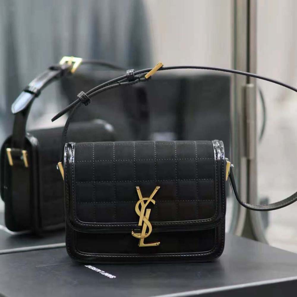 Close-up of gold YSL logo hardware on Saint Laurent Solferino Small Satchel