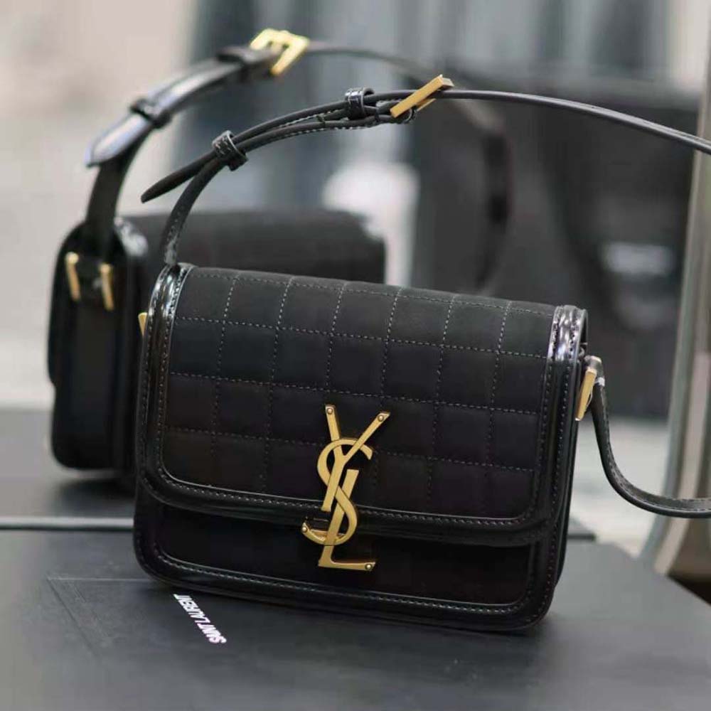 Side profile showing quilted pattern and strap of Saint Laurent Solferino Satchel