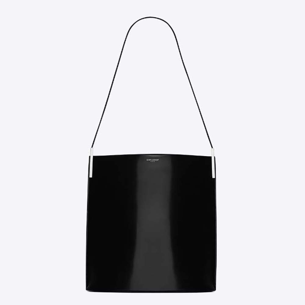 Front angle of Saint Laurent YSL Women Suzanne Rigid Shoulder Bag in shiny black leather