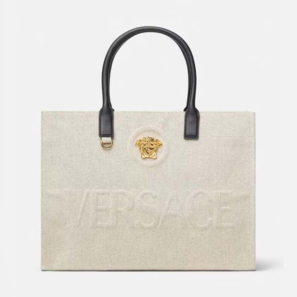 Front view of Versace Women La Medusa Canvas Large Tote Bag-Beige
