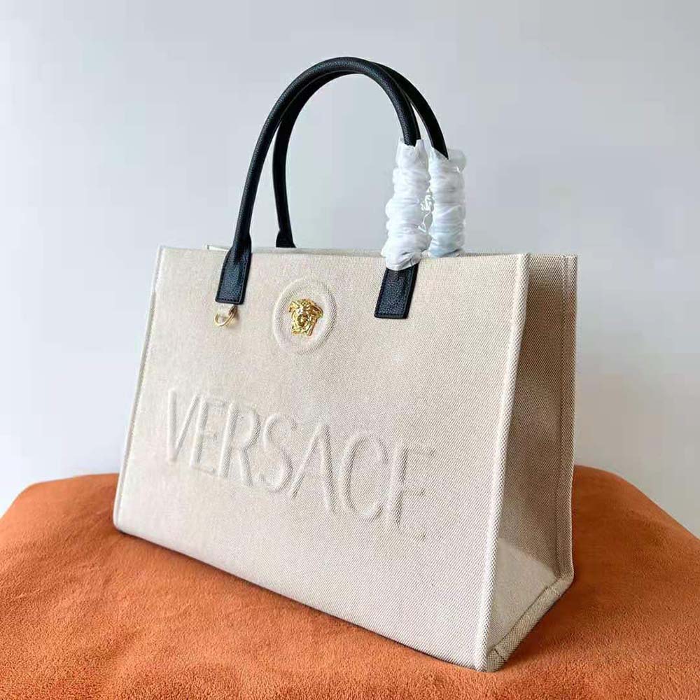 Versace Women La Medusa Canvas Large Tote Bag-Beige - image 4