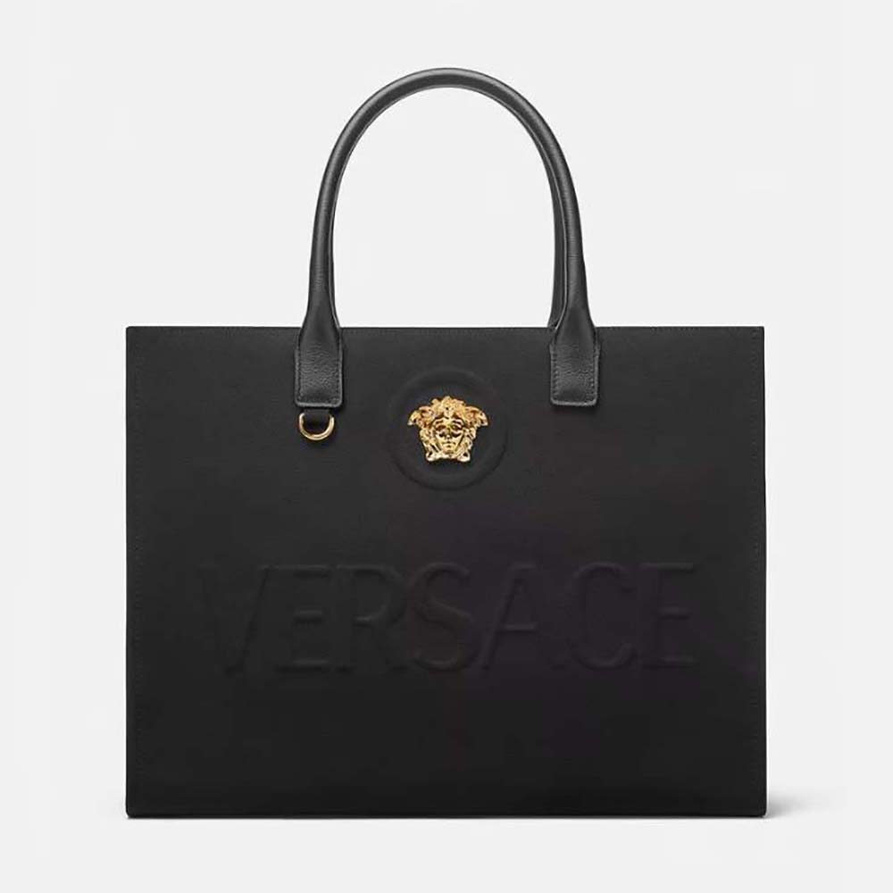 Front view of Versace Women La Medusa Canvas Large Tote Bag-Black with gold Medusa emblem