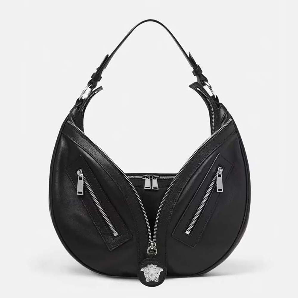 Front view of Versace Women Repeat Hobo Bag-Black showing embossed logo