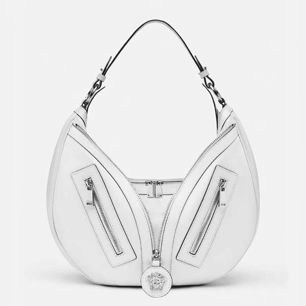 Front view of Versace Women Repeat Hobo Bag-White showcasing Medusa hardware