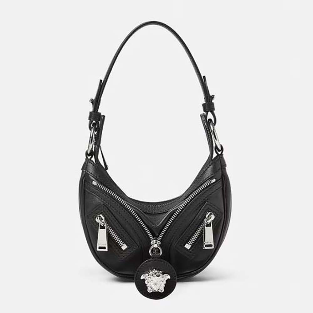 Front angle of Versace Women Repeat Mini Hobo Bag-Black showing silhouette