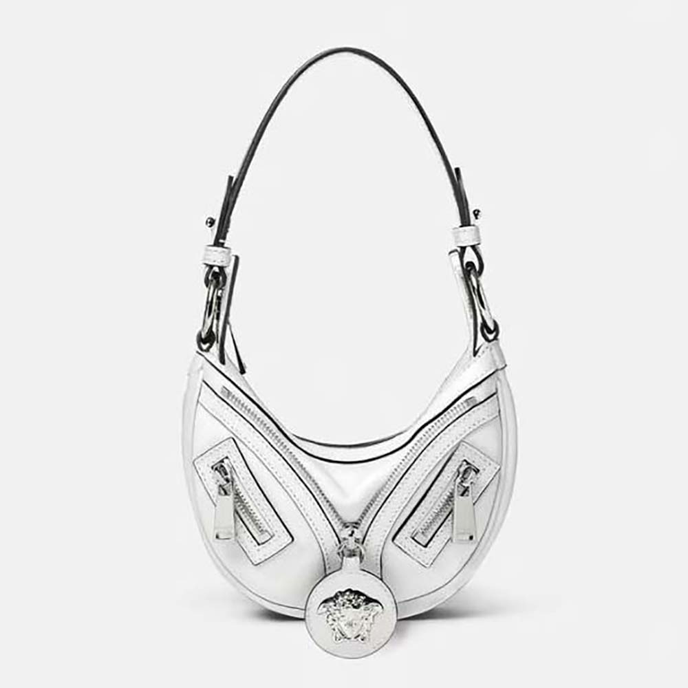 Front angle of Versace Women Repeat Mini Hobo Bag-White with gold hardware