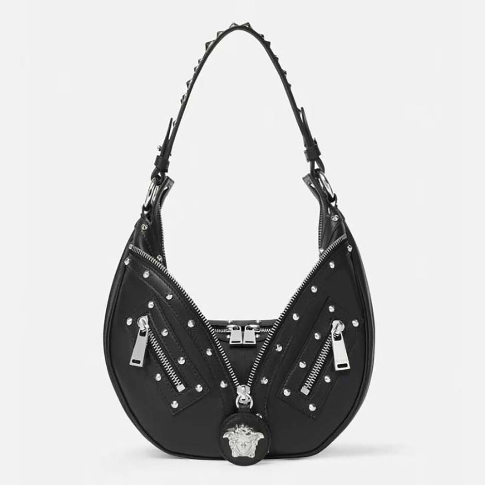 Front view of Versace Women Repeat Small Hobo Bag-Black with embossed logo