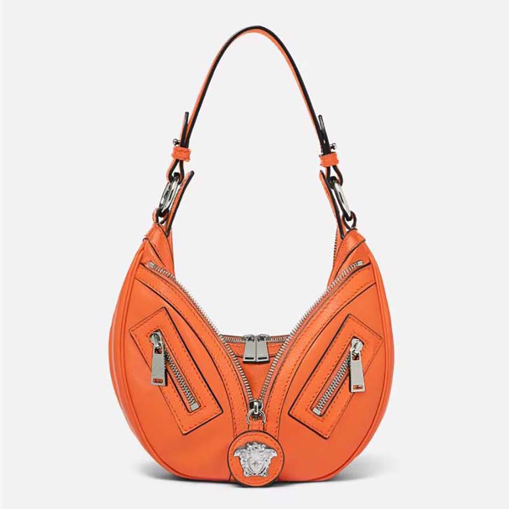 Front view of Versace Women Repeat Small Hobo Bag-Orange with gold Medusa clasp
