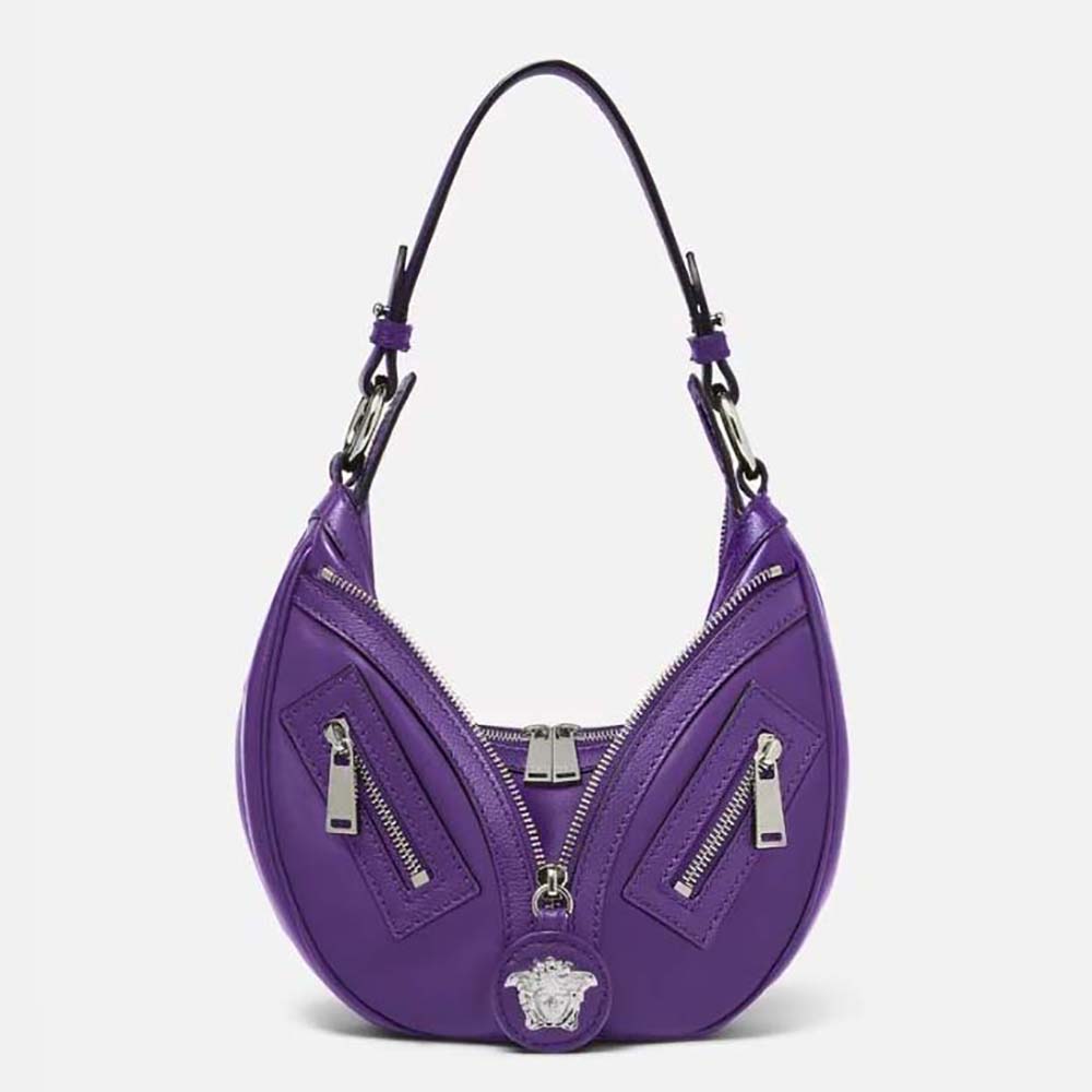 Front view of Versace Women Repeat Small Hobo Bag-Purple showing embossed logo
